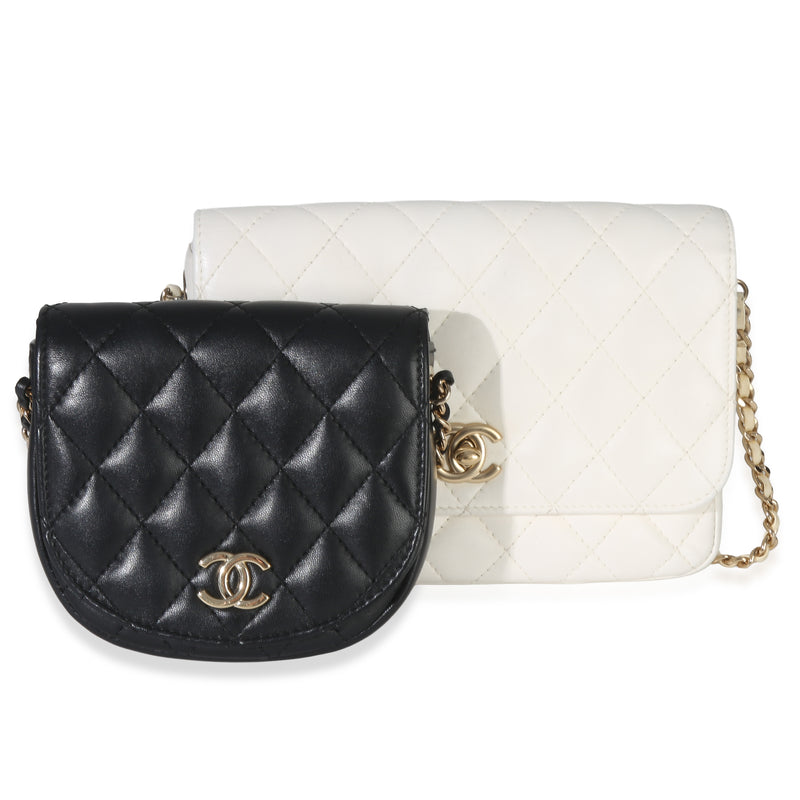 Chanel White Black Quilted Lambskin Small Side Packs Flap Bag Handbag fv