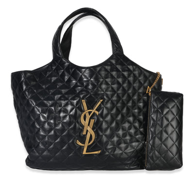 Saint Laurent Black Quilted Lambskin Maxi Icare Shopping Tote Handbag fv