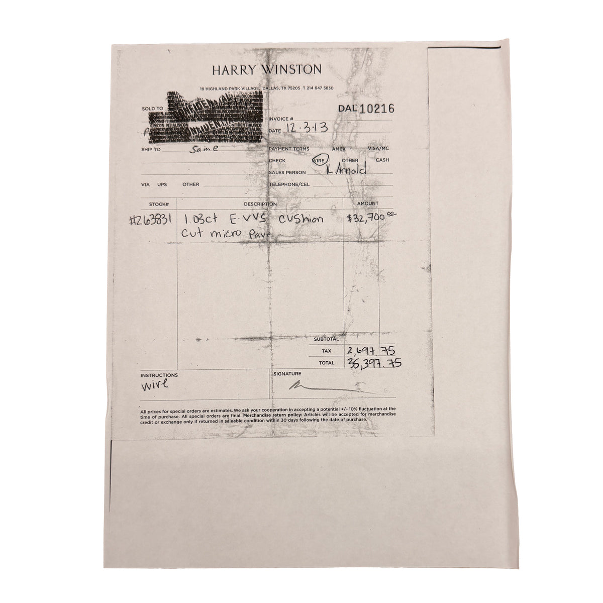 Harry Winston 1.03 ct Cushion Modified Diamond Engagement Ring stamp