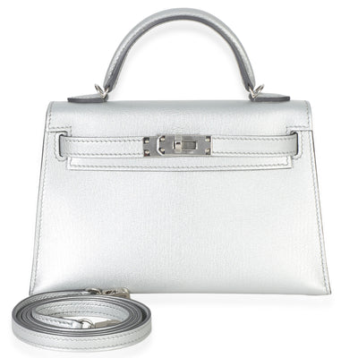 Hermès Argent Metallic Chevre Chamkilight Sellier Mini Kelly II 20 PHW Handbag fv
