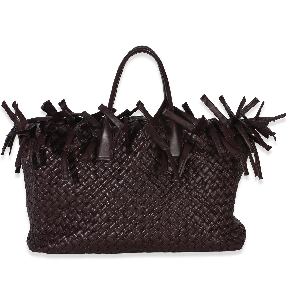 Bottega Veneta Burgundy Intrecciato Nappa Fringe Oversized Cabat Tote Handbag bv