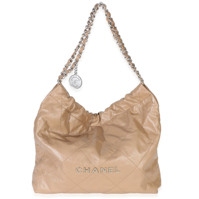 Chanel Beige Shiny Quilted Calfskin Small  22 Hobo Handbag fv