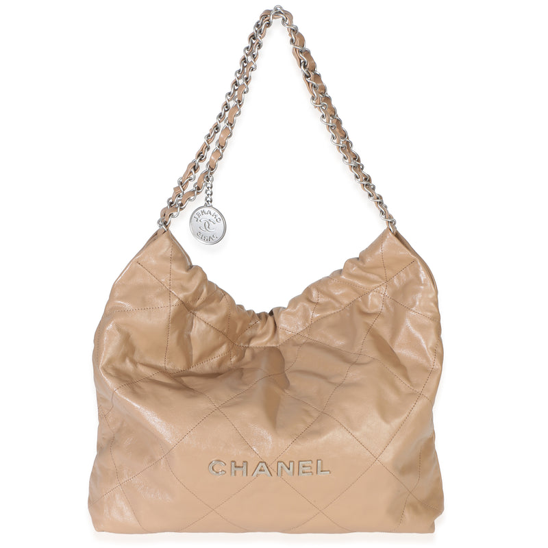 Chanel Beige Shiny Quilted Calfskin Small  22 Hobo Handbag fv