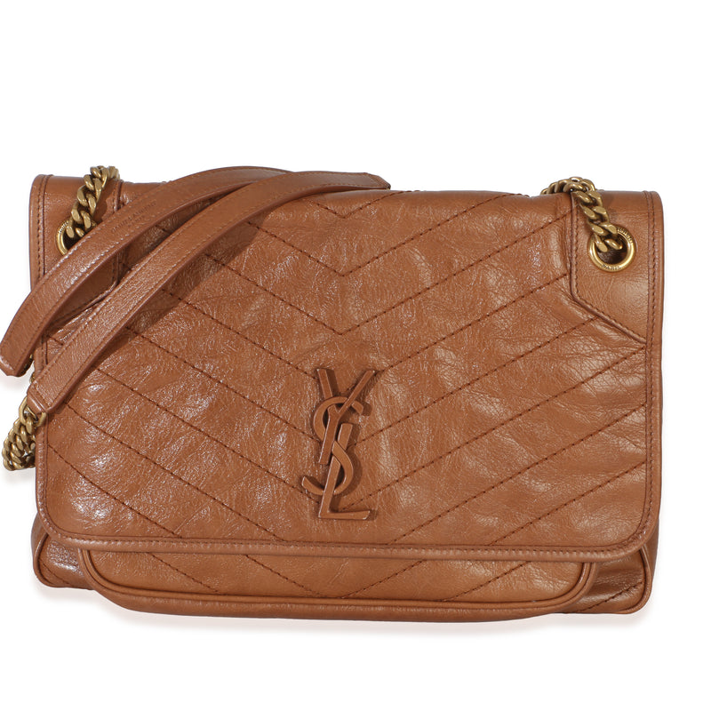 Saint Laurent Caramel Crinkled Calfskin Matelasse Medium Niki Chain Satchel Handbag fv