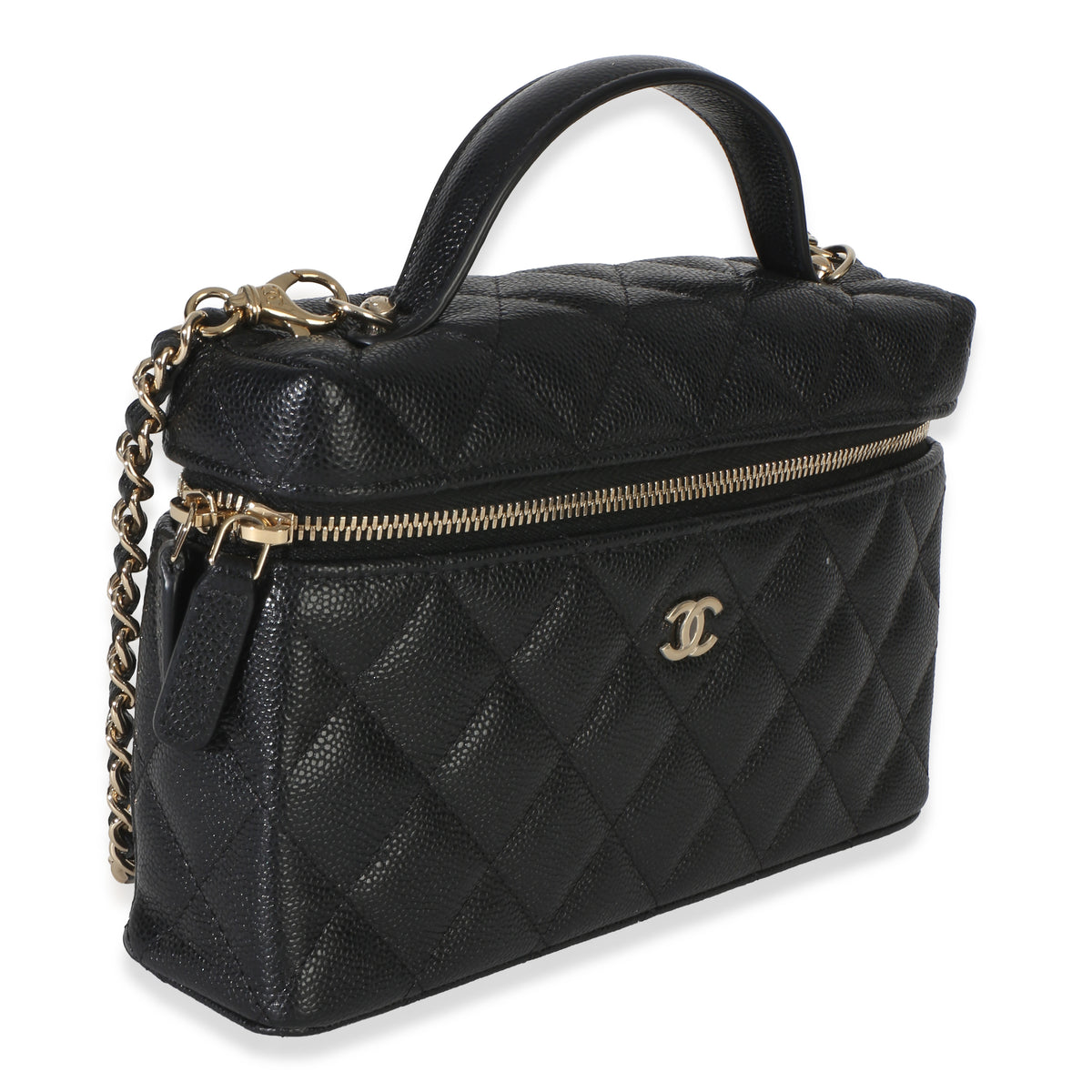 Chanel Black Quilted Caviar Top Handle Slim Vanity Handbag With Chain Handbag pv