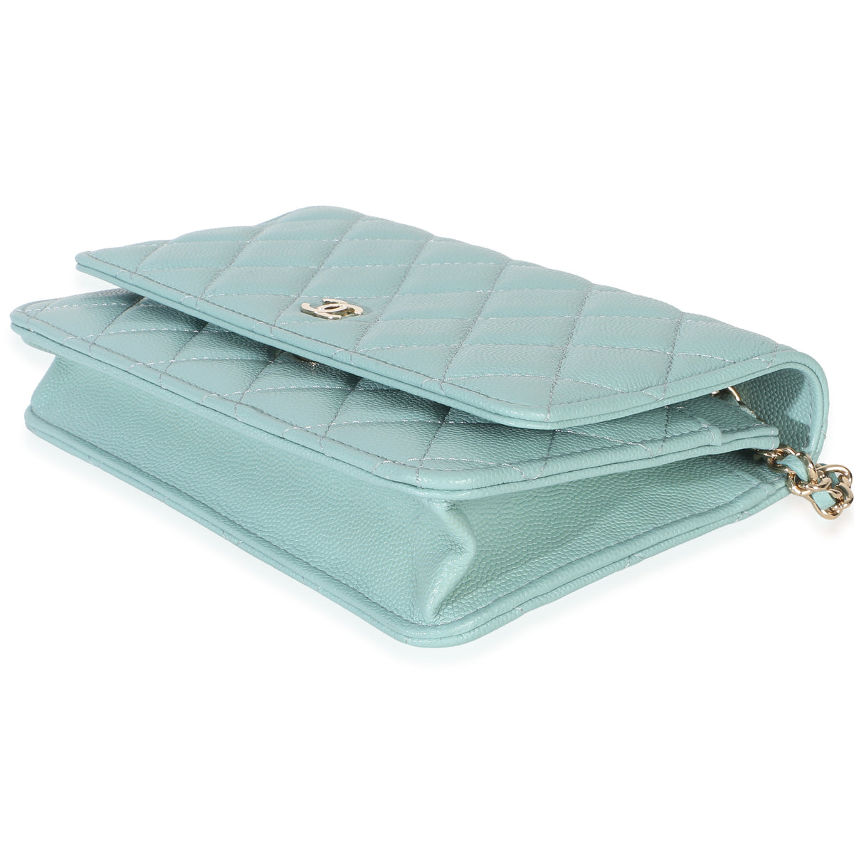 Chanel Light Blue Quilted Caviar Classic Wallet On Chain Handbag box