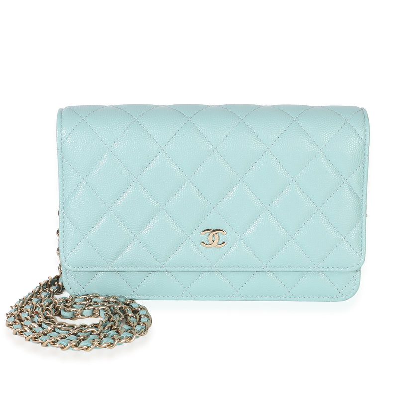 Chanel Light Blue Quilted Caviar Classic Wallet On Chain Handbag fv