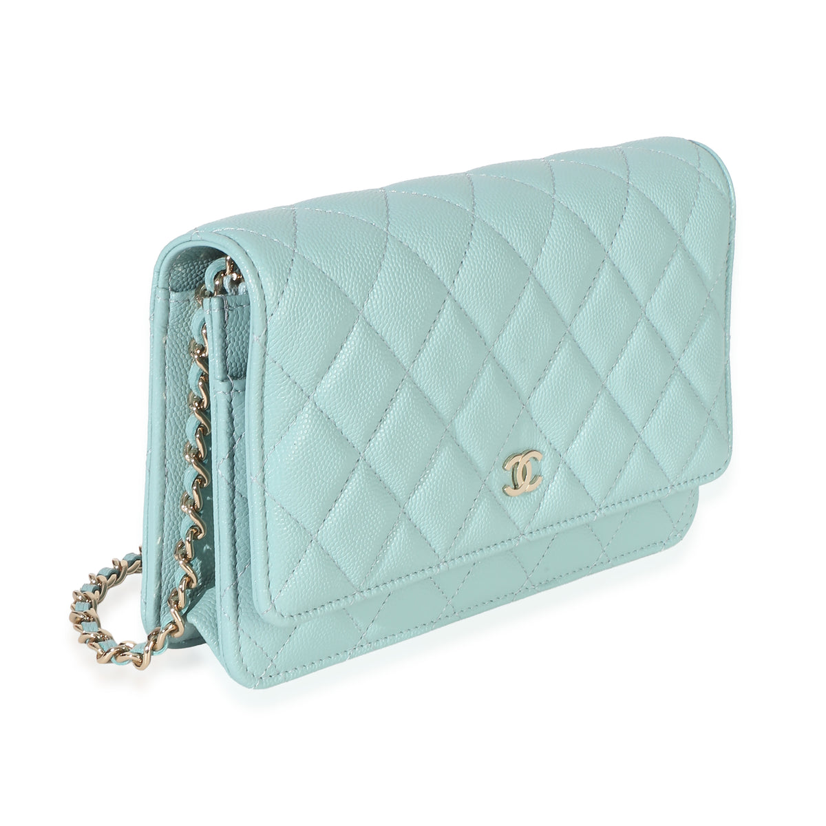 Chanel Light Blue Quilted Caviar Classic Wallet On Chain Handbag pv