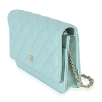 Chanel Light Blue Quilted Caviar Classic Wallet On Chain Handbag sv