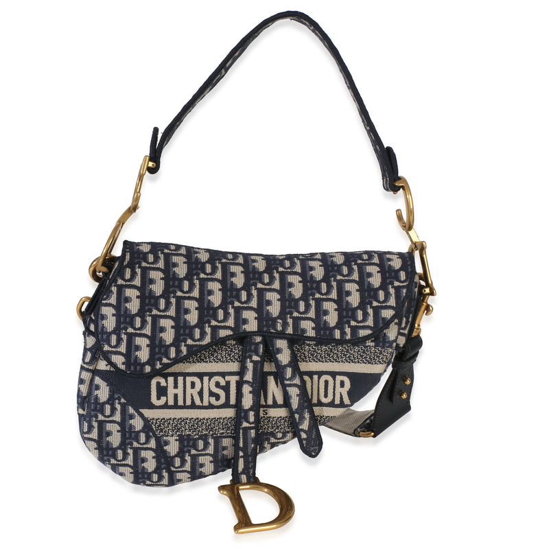 Christian Dior Blue Oblique Embroidered Medium Saddle Bag Handbag id