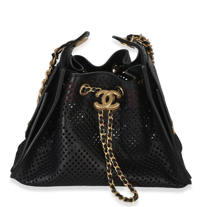 Chanel Black Perforated Calfskin Small  25 Hobo Handbag fv