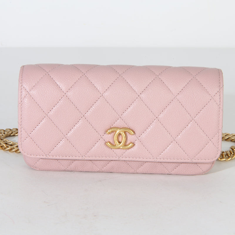 Chanel Light Pink Quilted Caviar Sweetheart Phone Holder With Chain Handbag id