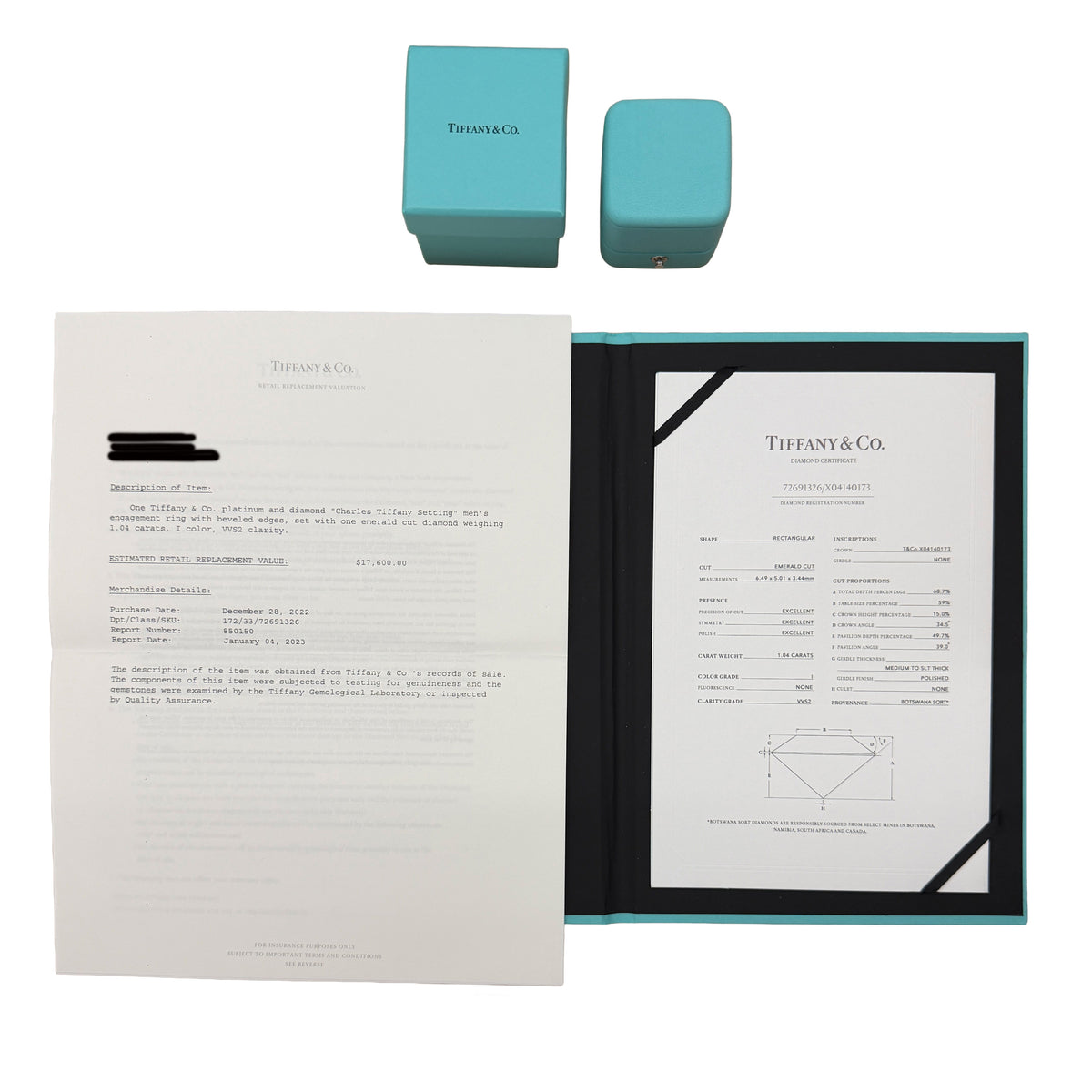 Tiffany & Co. 1.04 ct Emerald Diamond Charles Tiffany Men's Engagement Ring box
