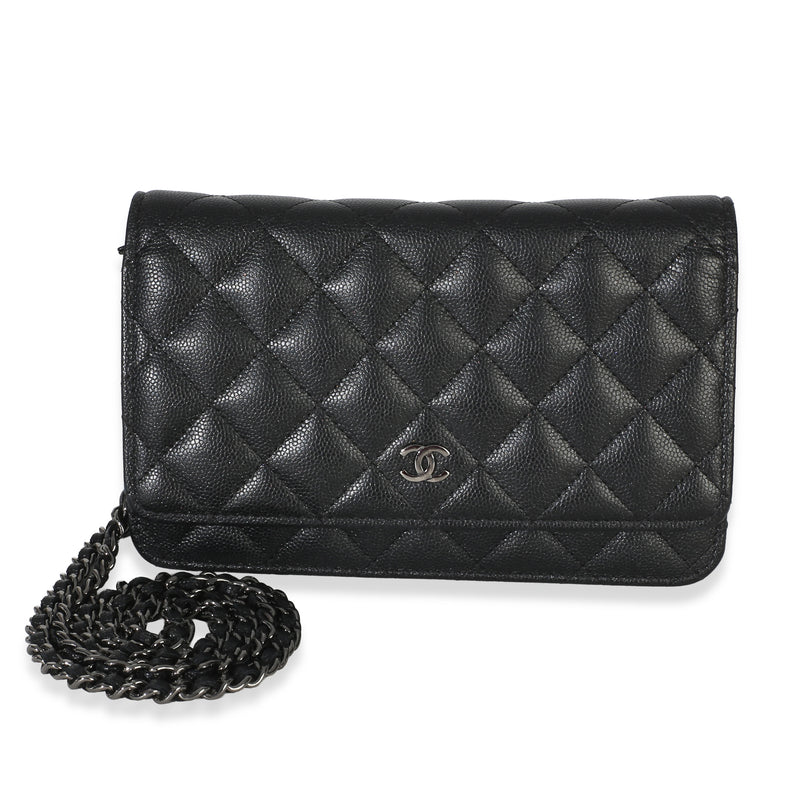 Chanel Black Iridescent Quilted Caviar Classic Wallet On Chain Handbag fv