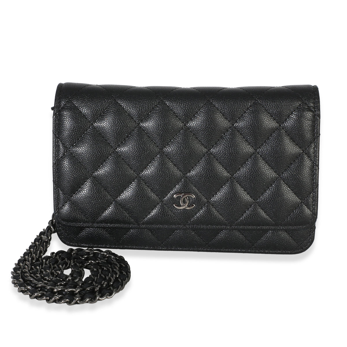 Chanel Black Iridescent Quilted Caviar Classic Wallet On Chain Handbag fv