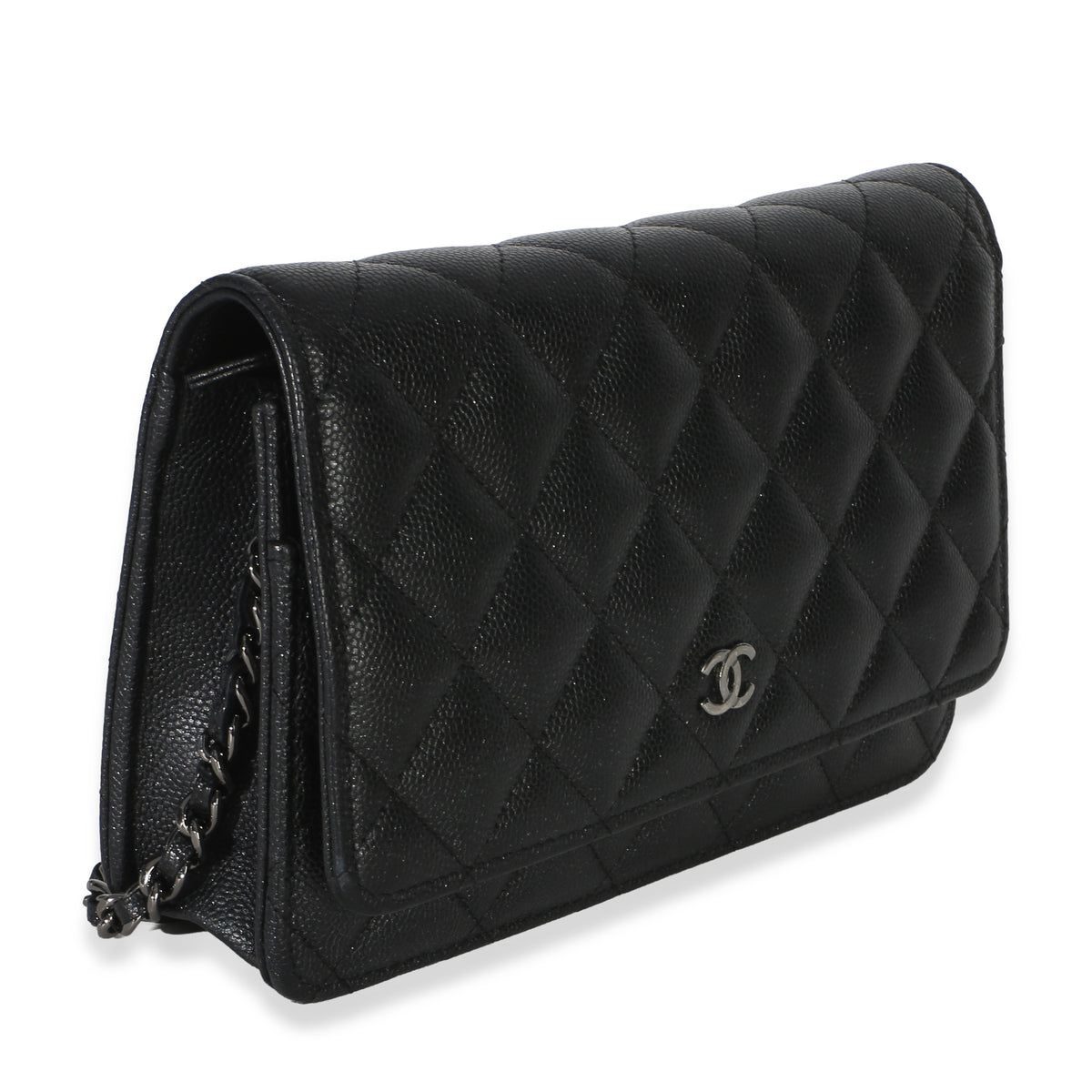 Chanel Black Iridescent Quilted Caviar Classic Wallet On Chain Handbag pv