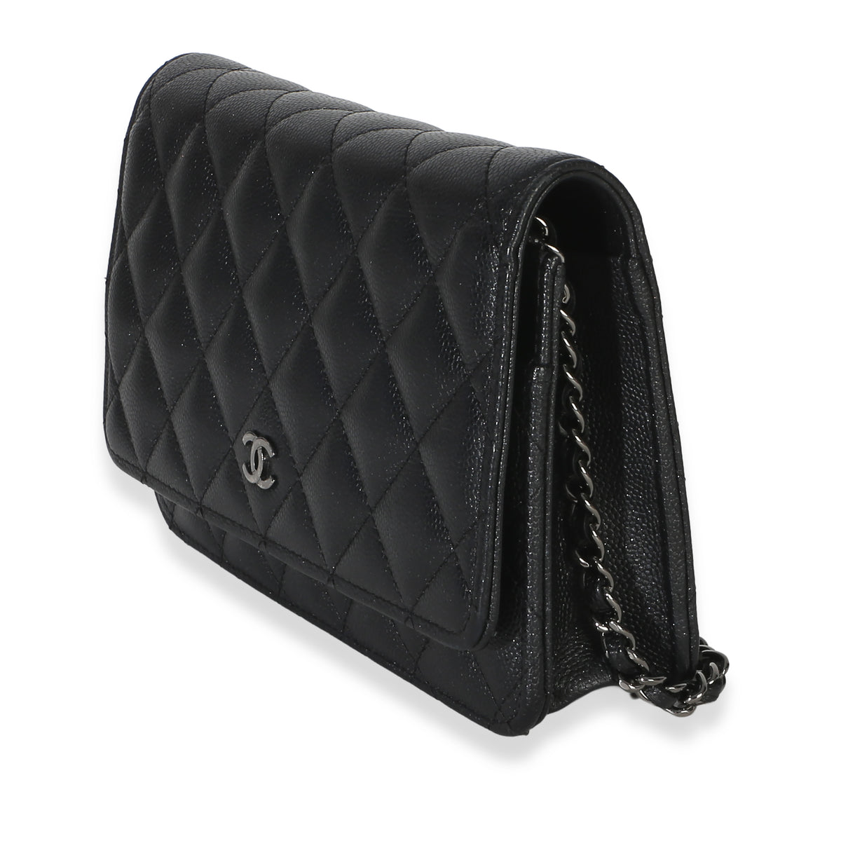 Chanel Black Iridescent Quilted Caviar Classic Wallet On Chain Handbag sv