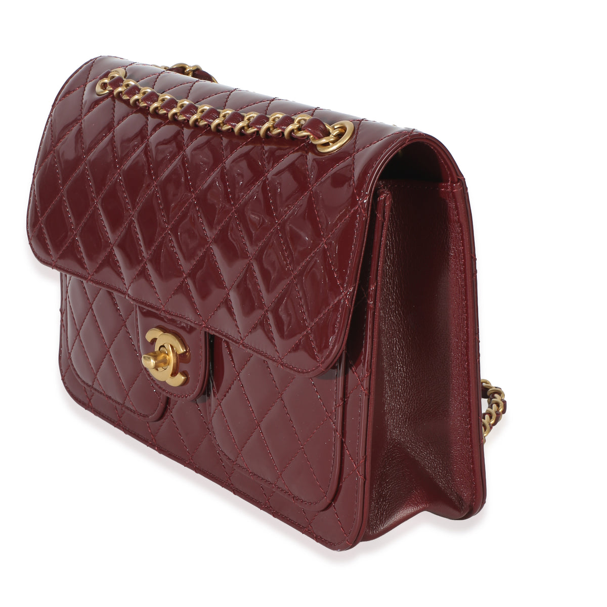 Chanel 25B Burgundy Quilted Patent Double Pocket Flap Bag Handbag 2
