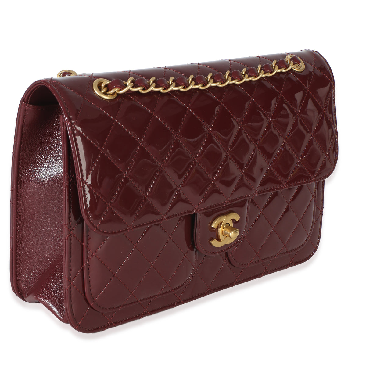 Chanel 25B Burgundy Quilted Patent Double Pocket Flap Bag Handbag 3