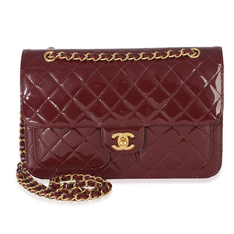 Chanel 25B Burgundy Quilted Patent Double Pocket Flap Bag Handbag fv