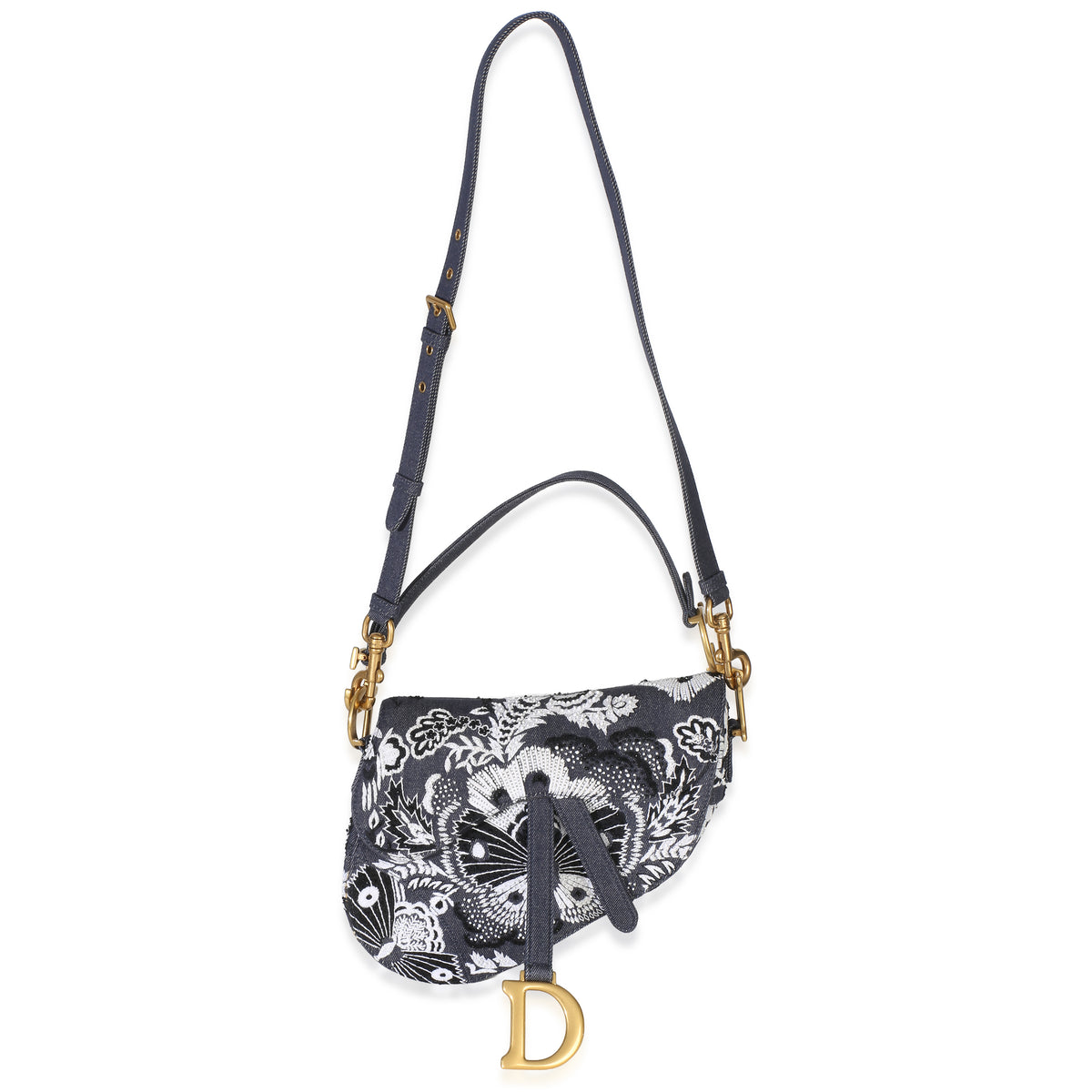 Christian Dior Blue Denim Beaded Butterfly Medium Saddle Bag Handbag 8