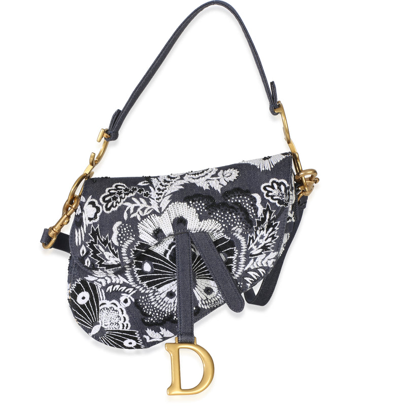 Christian Dior Blue Denim Beaded Butterfly Medium Saddle Bag Handbag id