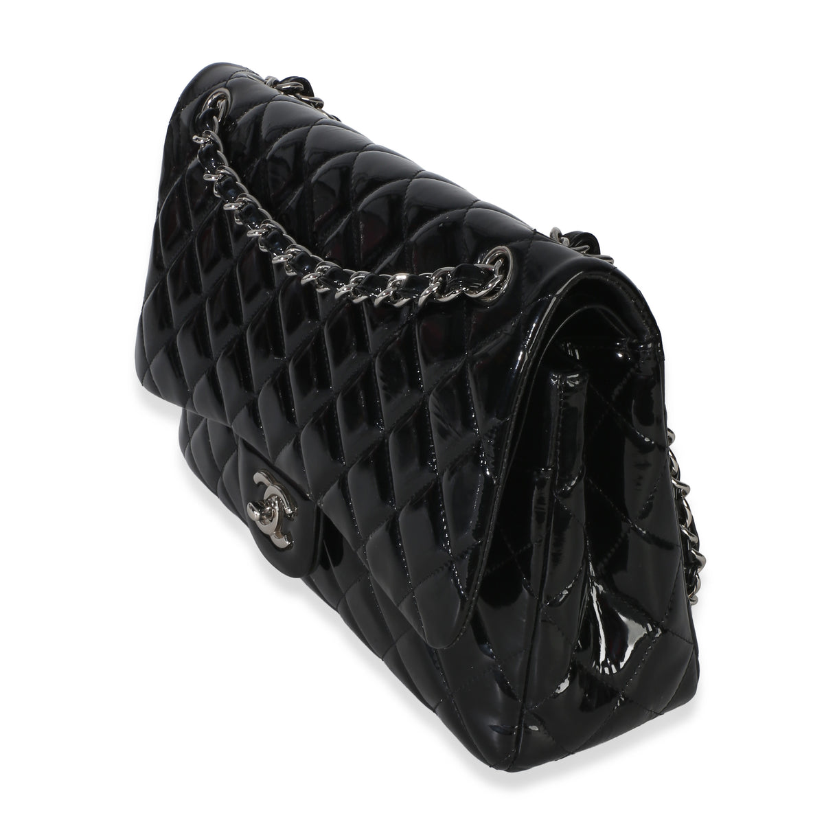 Chanel Black Quilted Patent Jumbo Classic Double Flap Bag Handbag 2