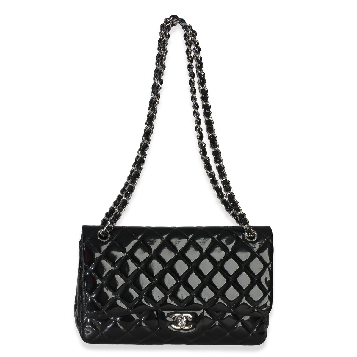 Chanel Black Quilted Patent Jumbo Classic Double Flap Bag Handbag 8