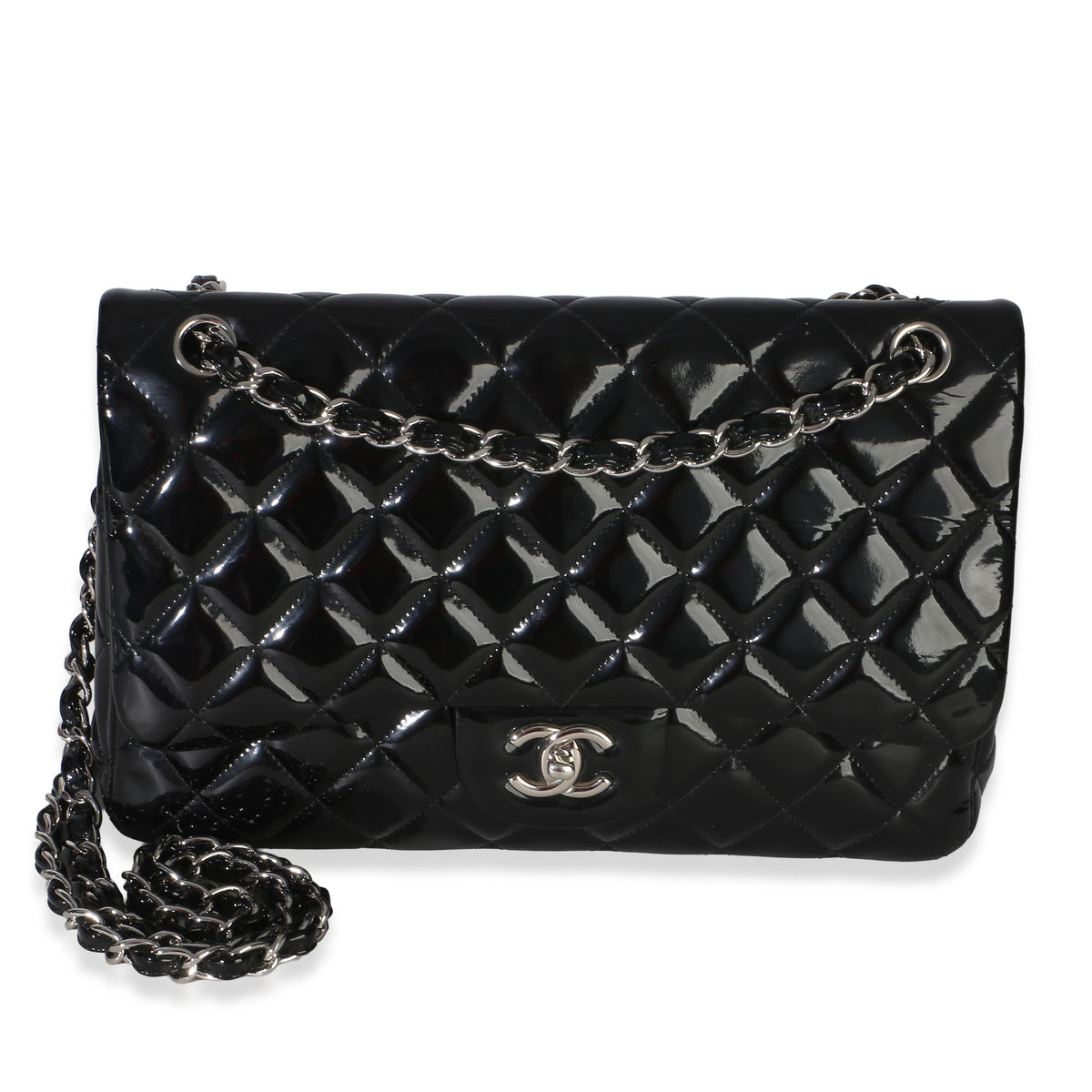 Chanel Black Quilted Patent Jumbo Classic Double Flap Bag Handbag fv