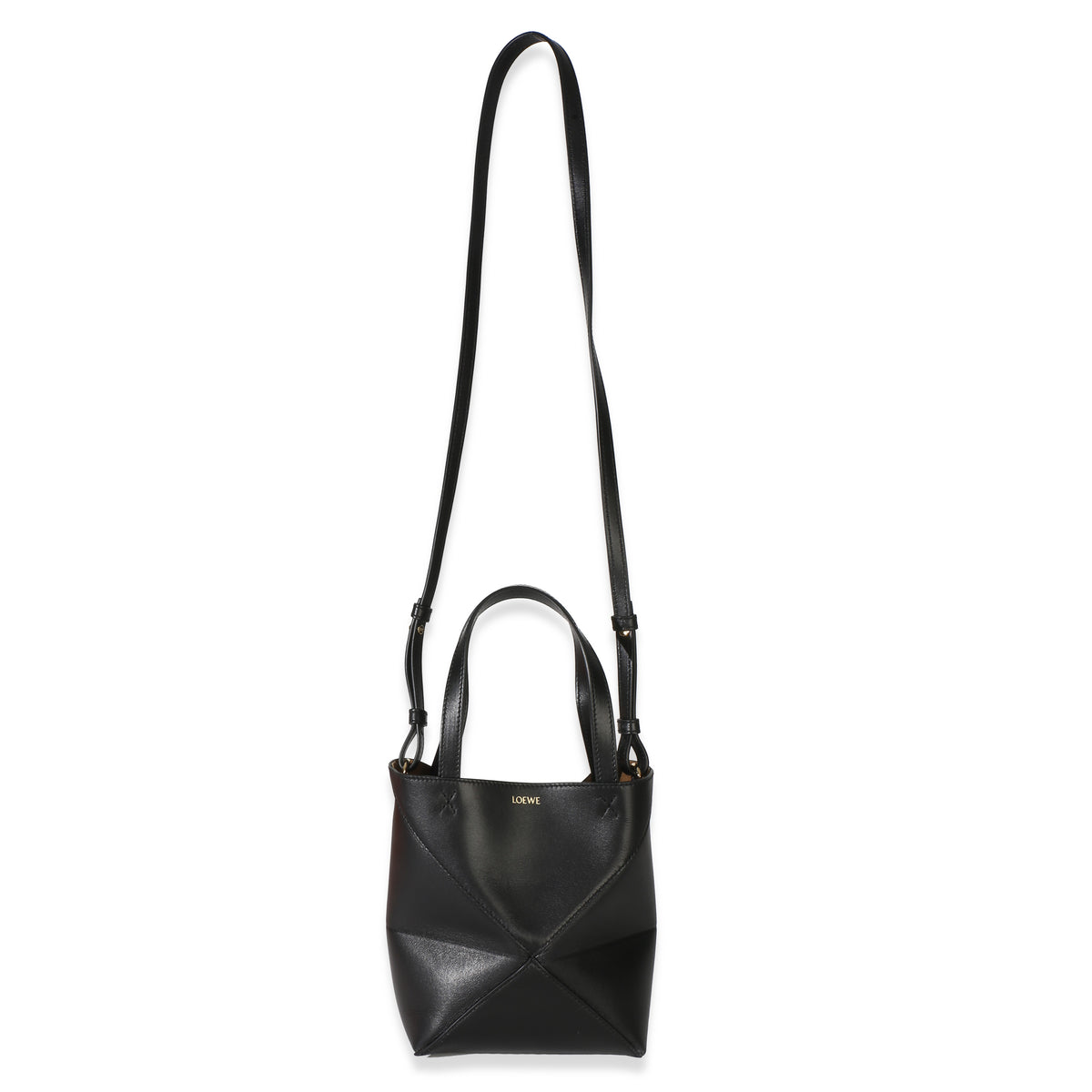 Loewe Black Shiny Calfskin Mini Puzzle Fold Tote Handbag fv