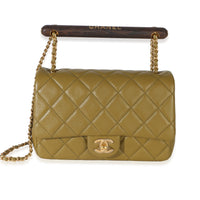 Chanel Olive Green Quilted Lambskin Small Wenge Wood Top Handle Flap Bag Handbag fv
