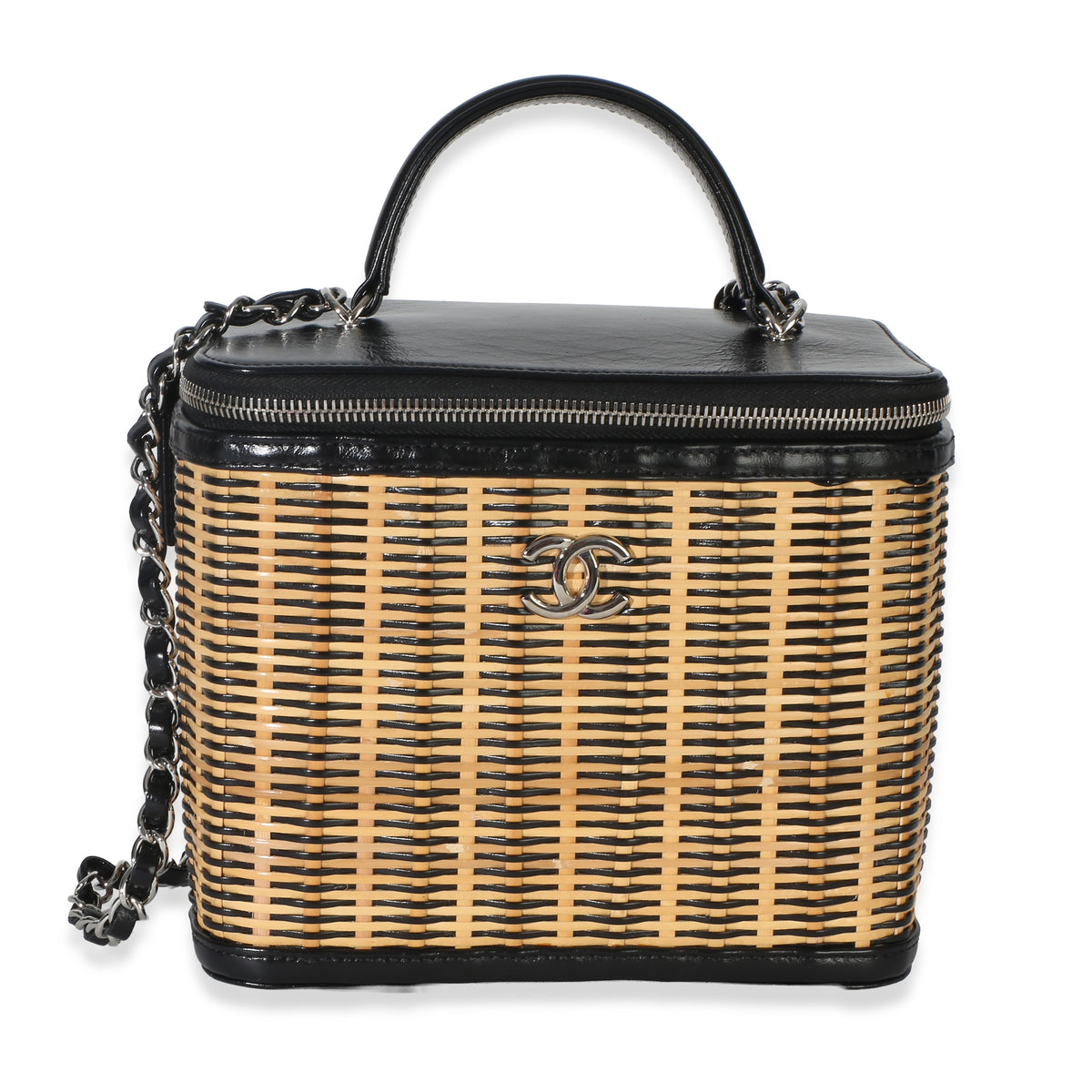Chanel Black Calfskin Rattan Medium Take Away Vanity Case With Chain Handbag fv