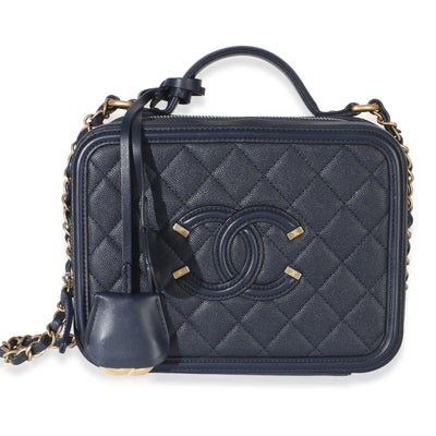 Chanel Navy Quilted Caviar Medium Filigree Case Handbag fv