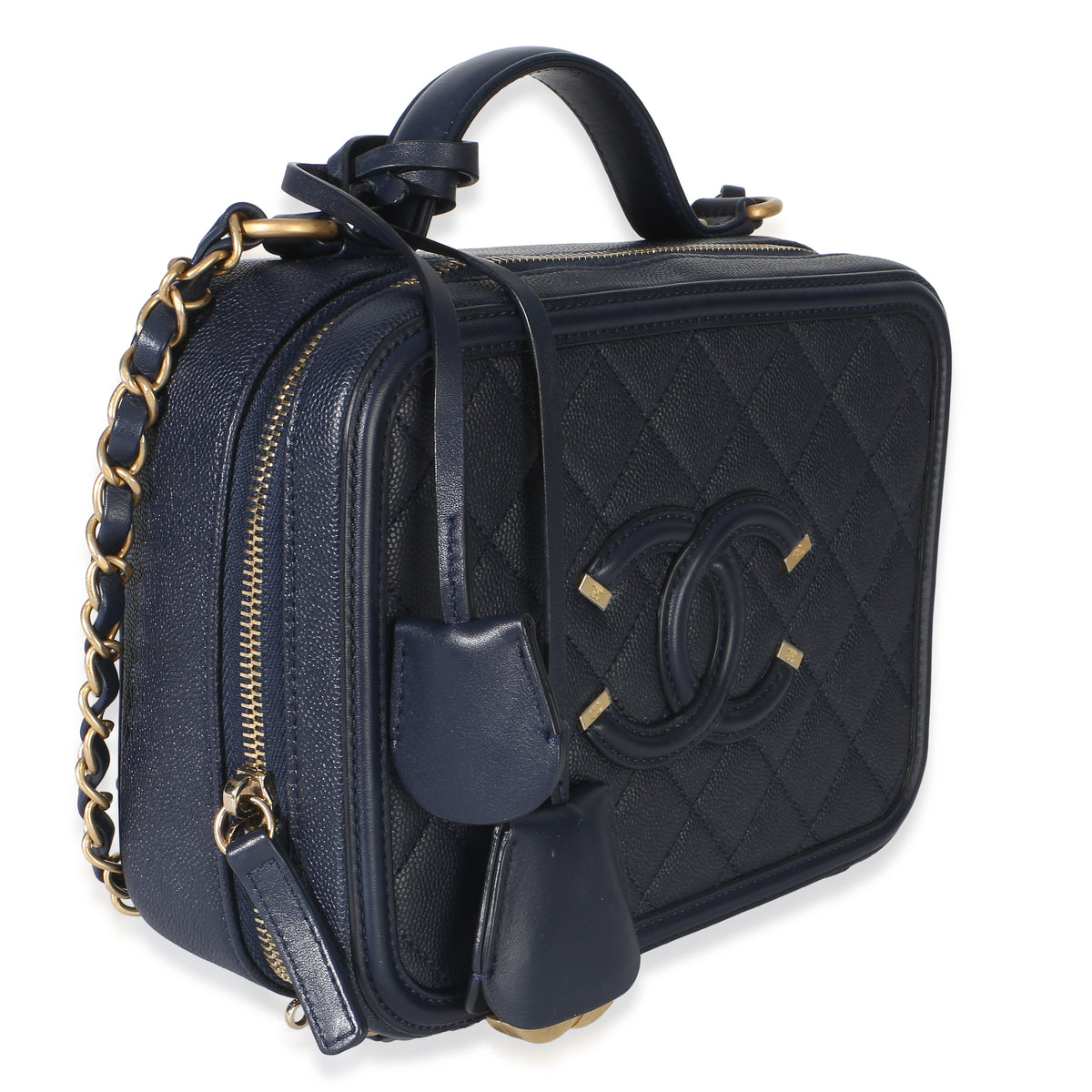 Chanel Navy Quilted Caviar Medium Filigree Vanity Case Handbag 3