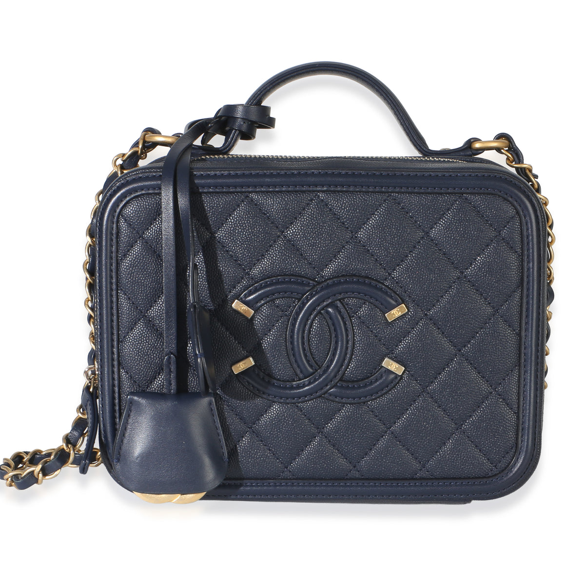 Chanel Navy Quilted Caviar Medium Filigree Vanity Case Handbag fv