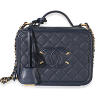 Chanel Navy Quilted Caviar Medium Filigree Vanity Case Handbag fv