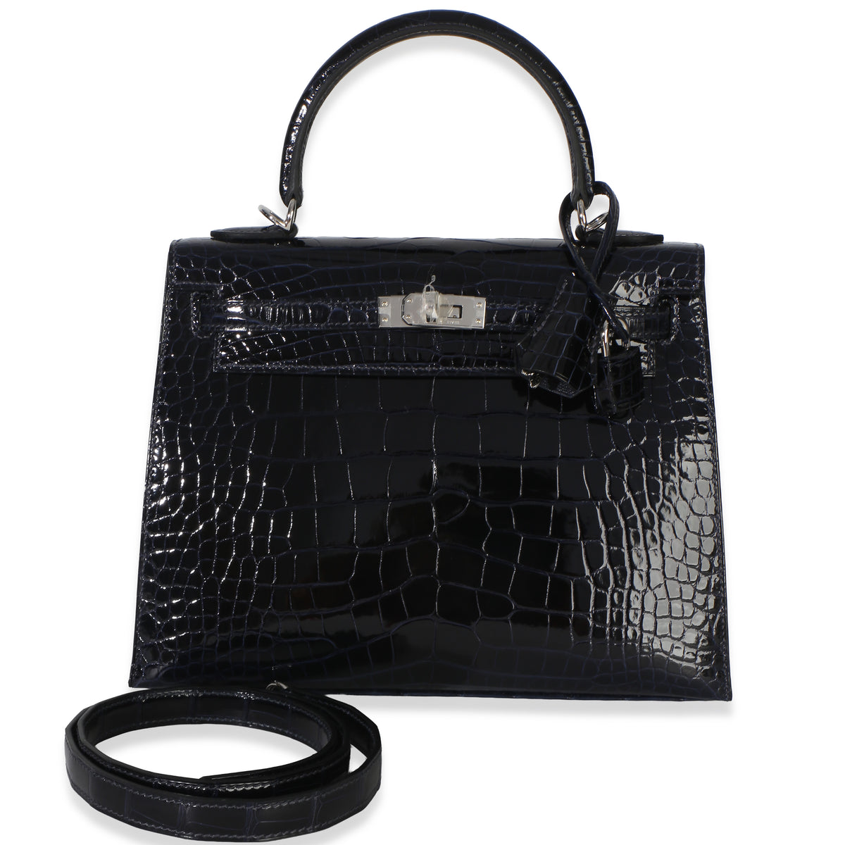 Hermès Bleu Marine Mississippiensis Shiny Alligator Sellier Kelly 25 PHW Handbag fv
