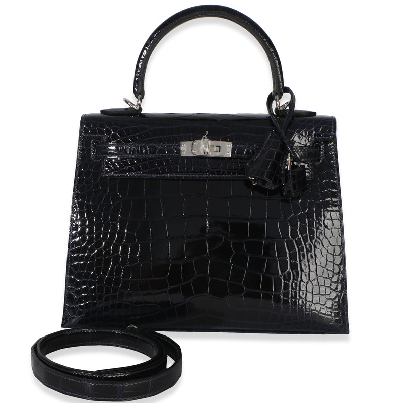Hermès Bleu Marine Mississippiensis Shiny Alligator Sellier Kelly 25 PHW Handbag fv