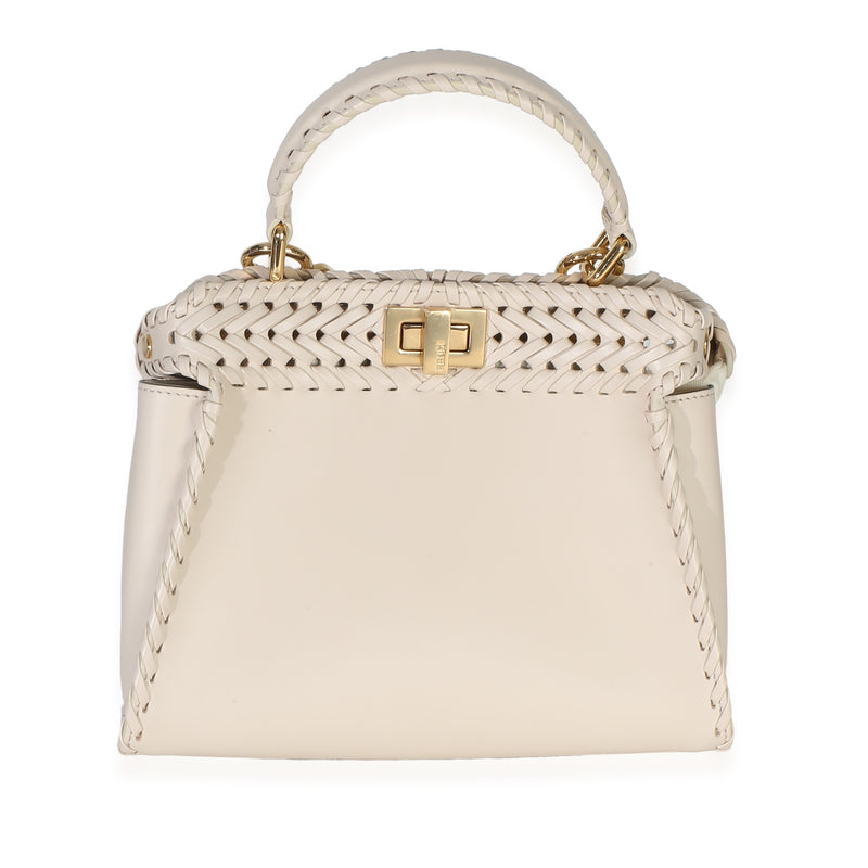 Fendi Cream Vitello King Interlace Mini Peekaboo Iconic Satchel Handbag fv
