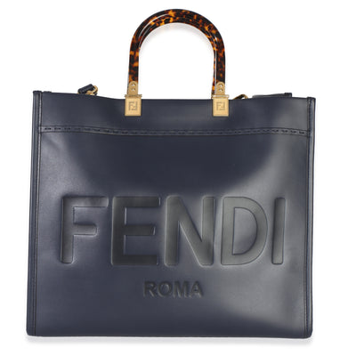Fendi Navy Vitello King Plexiglass Embossed Medium  Sunshine Shopper Tote Handbag fv