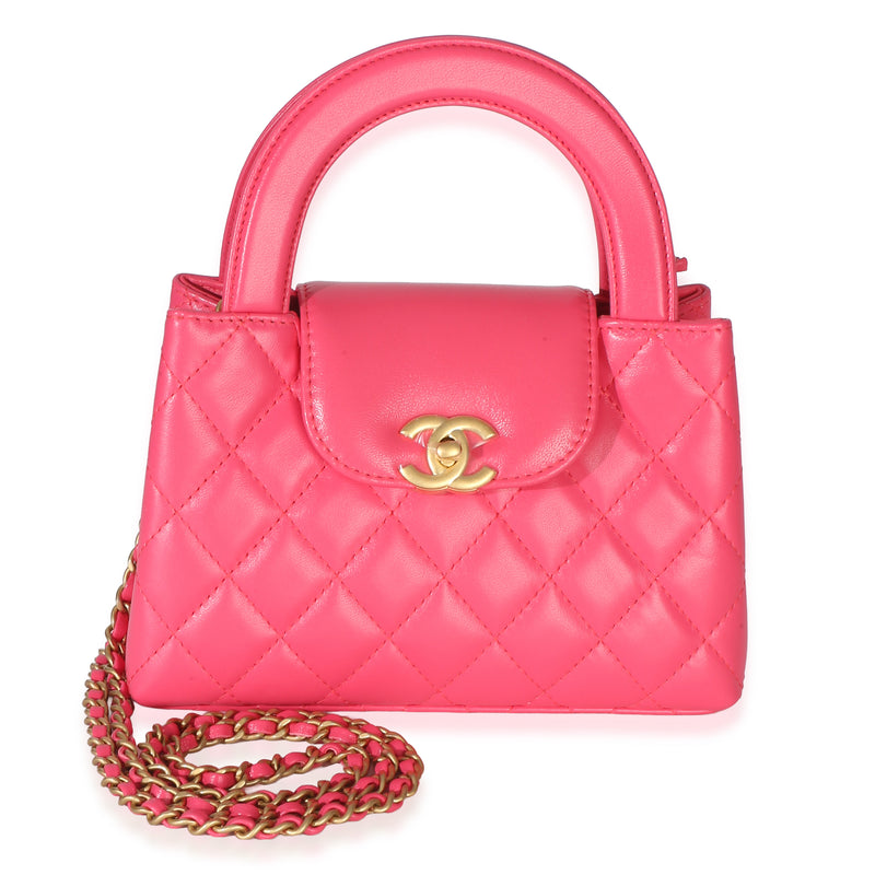 Chanel Dark Pink Shiny Aged Calfskin Quilted Nano Kelly Shopper Handbag fv