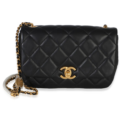 Chanel Black Quilted Lambskin Mini Pearly Chain Flap Bag Handbag fv