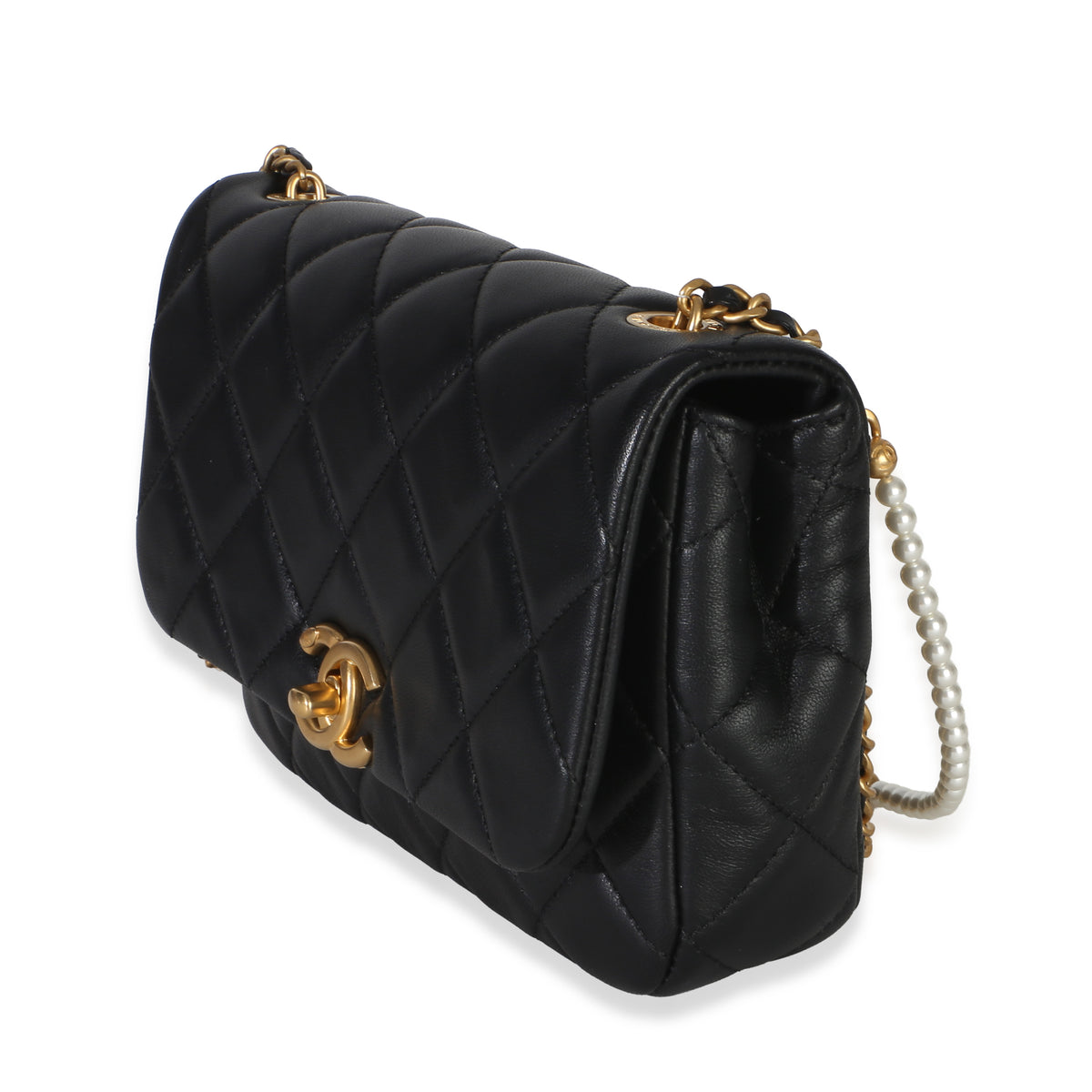 Chanel Black Quilted Lambskin Mini Pearly Chain Flap Bag Handbag 2