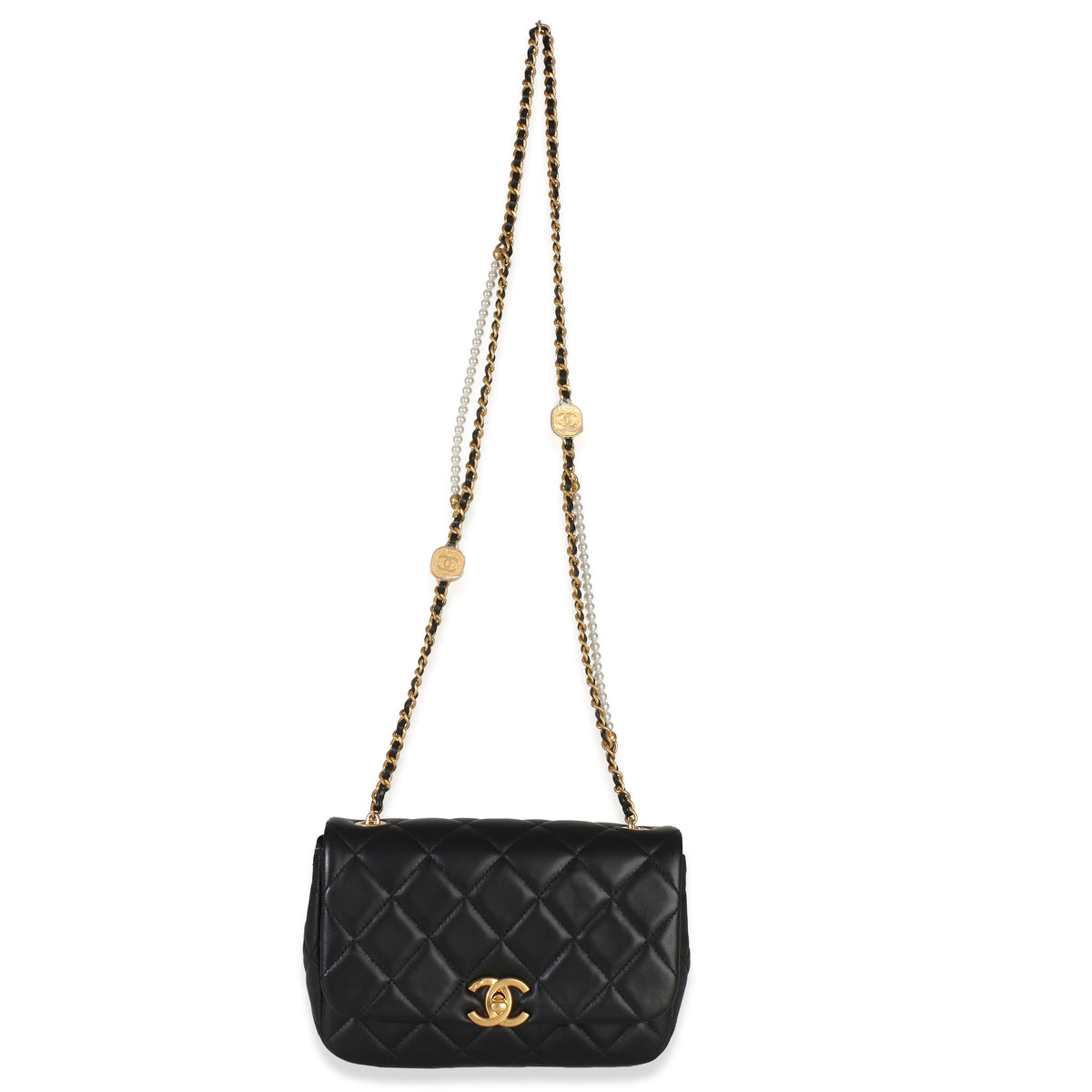 Chanel Black Quilted Lambskin Mini Pearly Chain Flap Bag Handbag 8