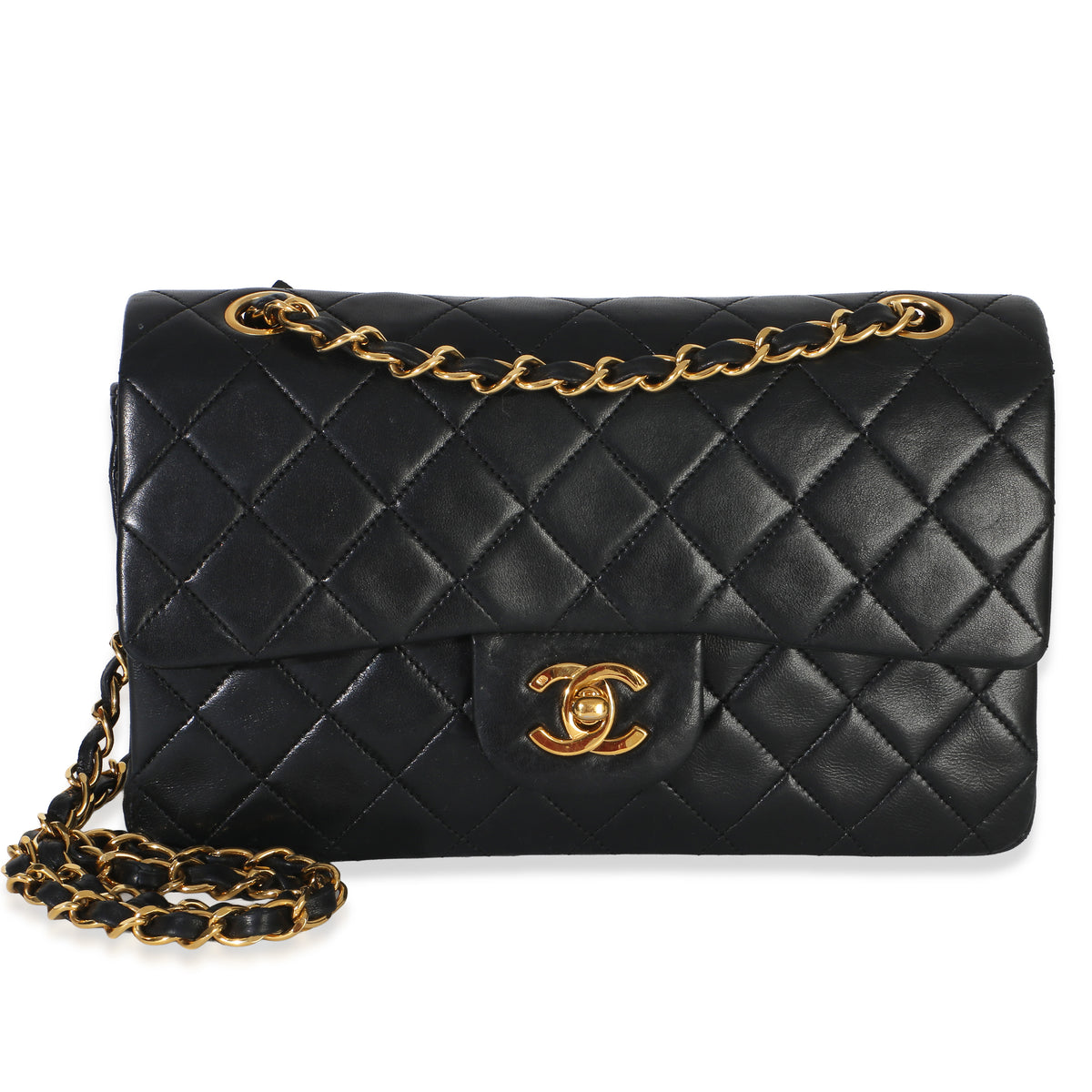 Chanel Vintage 24k Black Quilted Lambskin Small Classic Double Flap Bag Handbag fv