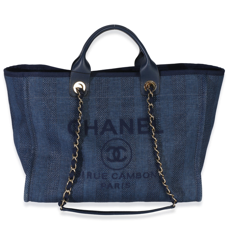 Chanel Navy Mixed Fibers Striped Large Deauville Tote Handbag fv