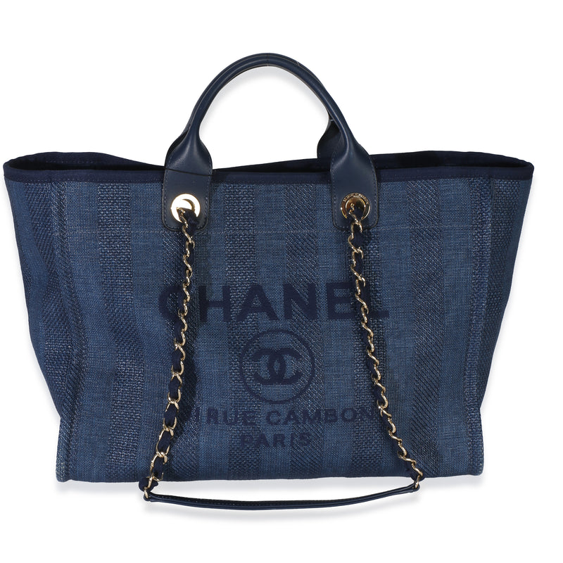 Chanel Navy Mixed Fibers Striped Large Deauville Tote Handbag fv