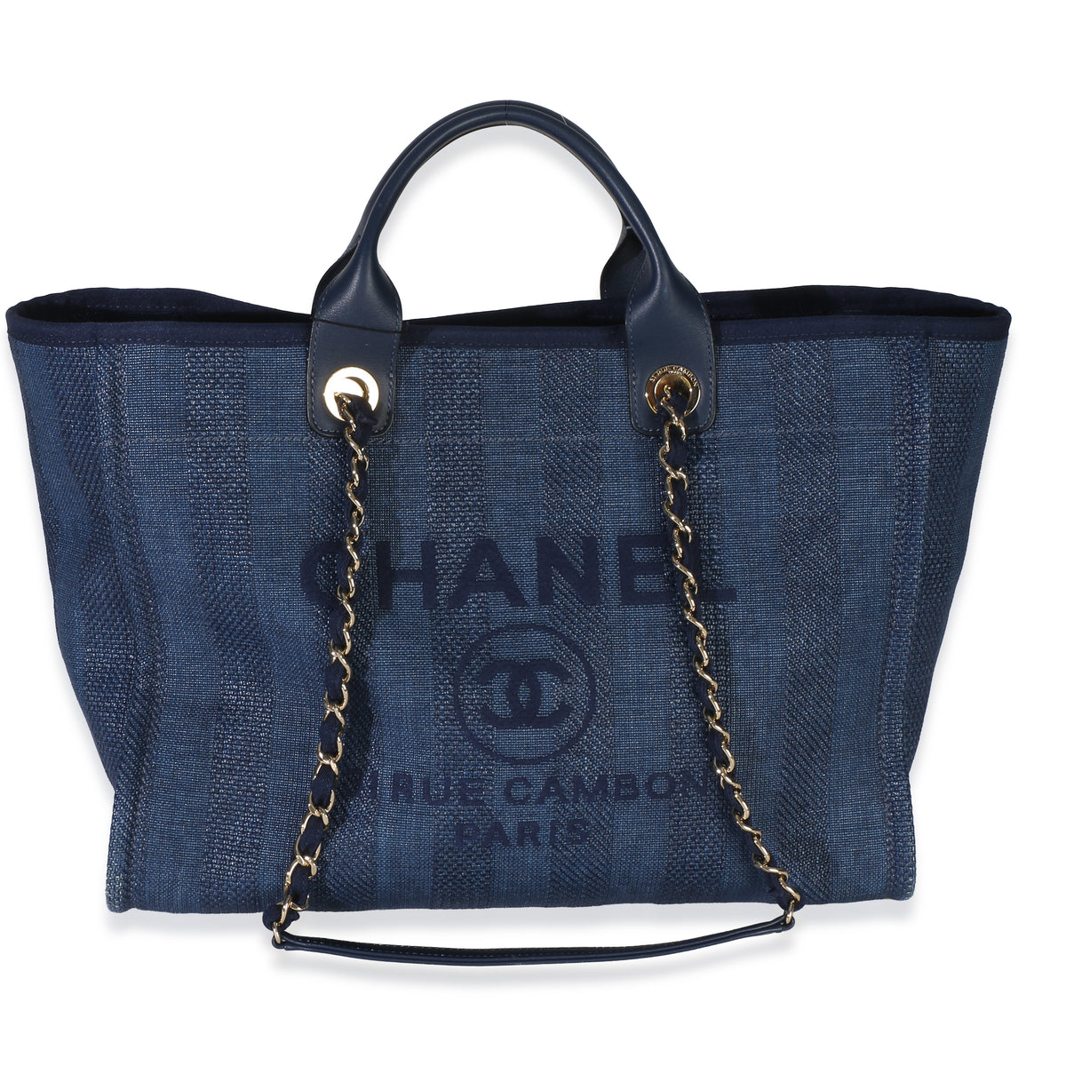 Chanel Navy Mixed Fibers Striped Large Deauville Tote Handbag fv