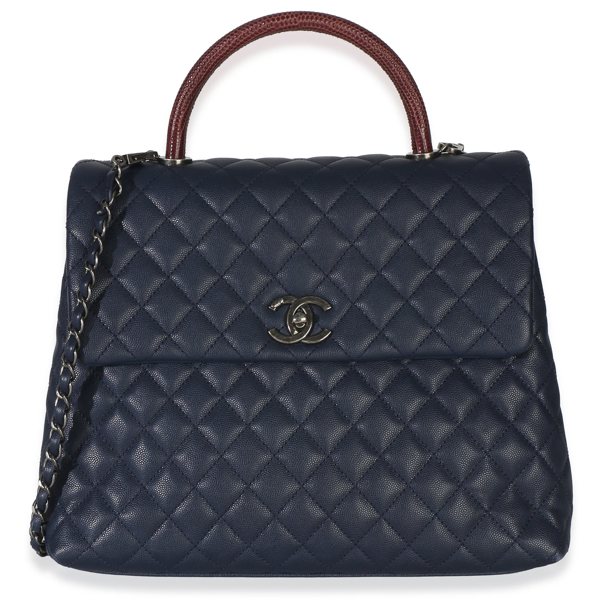 Chanel Navy Quilted Caviar Lizard Large Coco Top Handle Bag Handbag fv