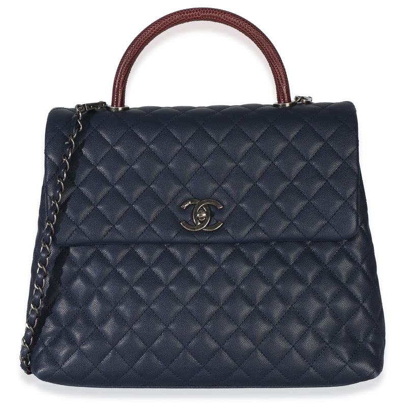 Chanel Navy Quilted Caviar Lizard Large Coco Top Handle Bag Handbag fv